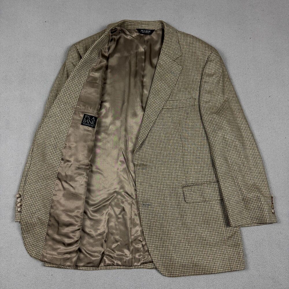Jos. A. Bank 44R Sport Coat Mens Beige Houndstooth Check 100% Silk Blazer